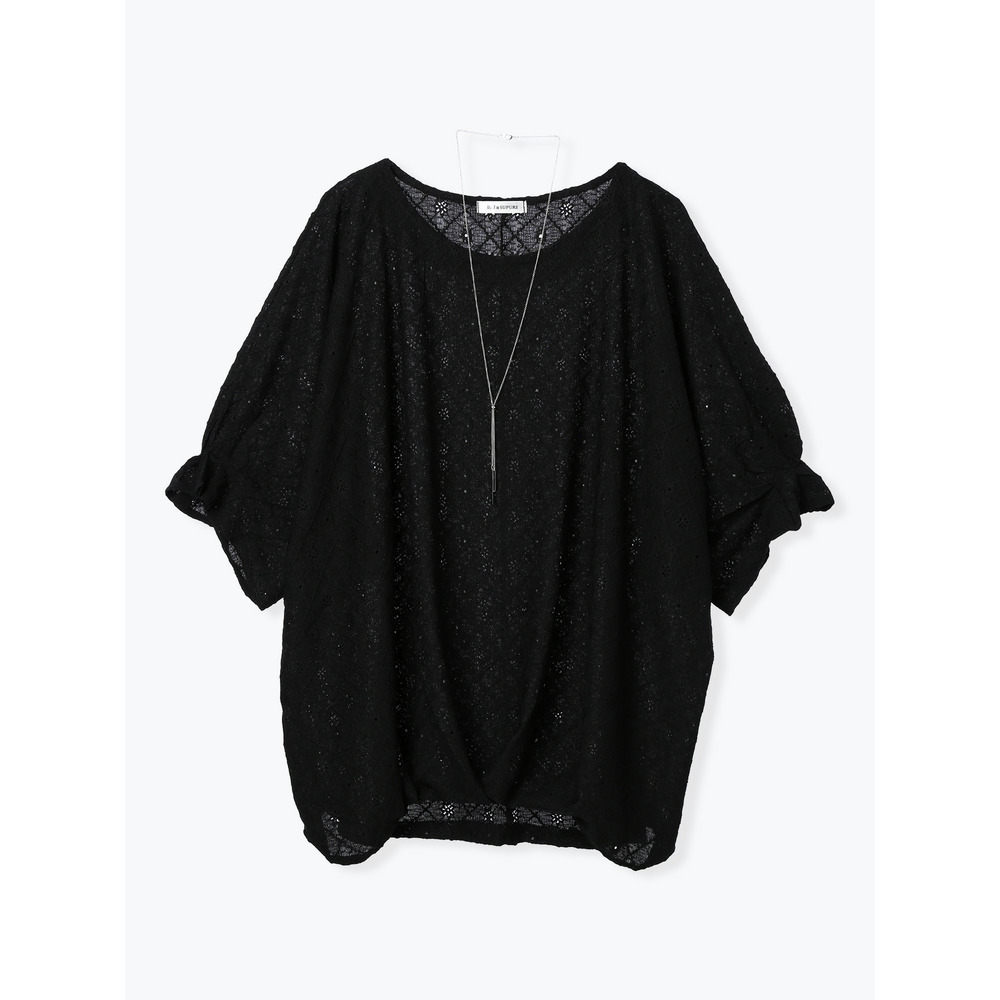 アクセサリー付きレース裾タックプルオーバー