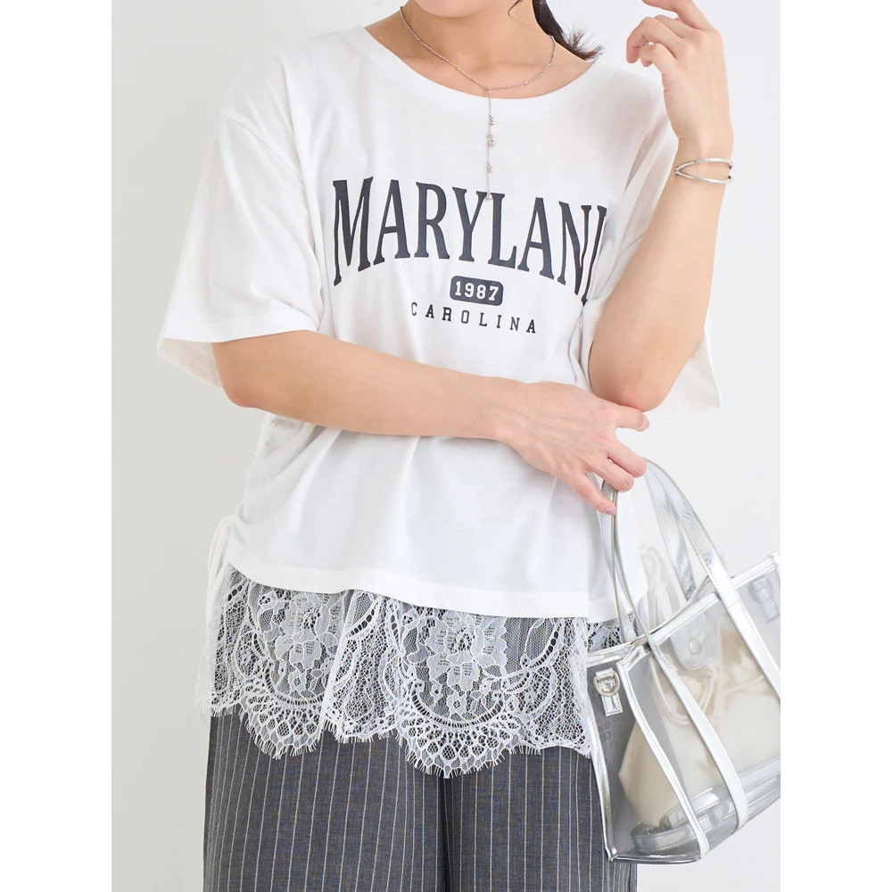 ドロスト裾レースロゴプリントTシャツ
