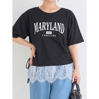 ドロスト裾レースロゴプリントTシャツ