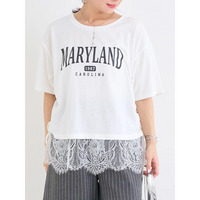 ドロスト裾レースロゴプリントTシャツ