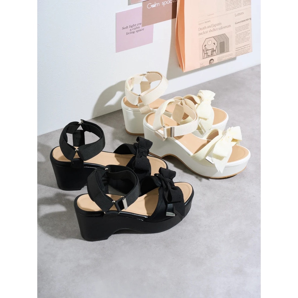 【la farfa SHOES/ラ・ファーファシューズ】リボンウエッジソールサンダル