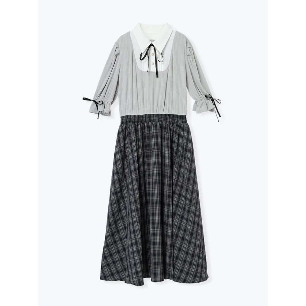 【WEB限定】リボンブラウスドッキングチェック柄ワンピース