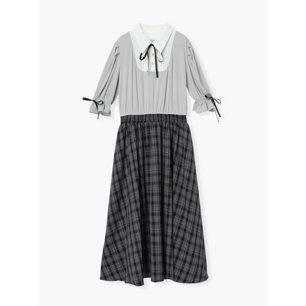 【WEB限定】リボンブラウスドッキングチェック柄ワンピース1