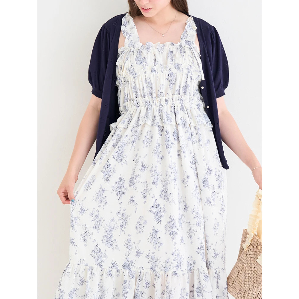 【WEB限定】リボン付きフリルストラップワンピース(無地・ドット柄・花柄)1