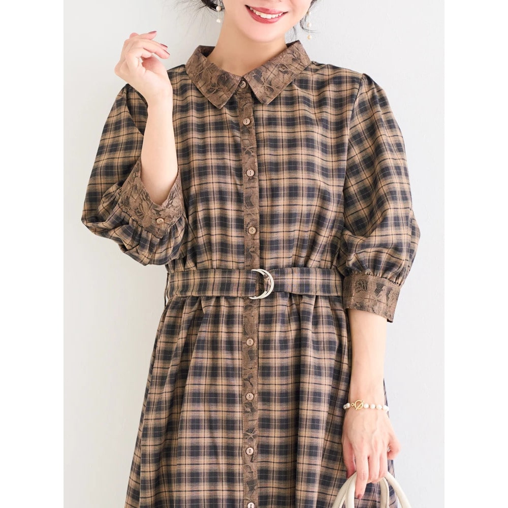 レース使いチェック柄シャツワンピース