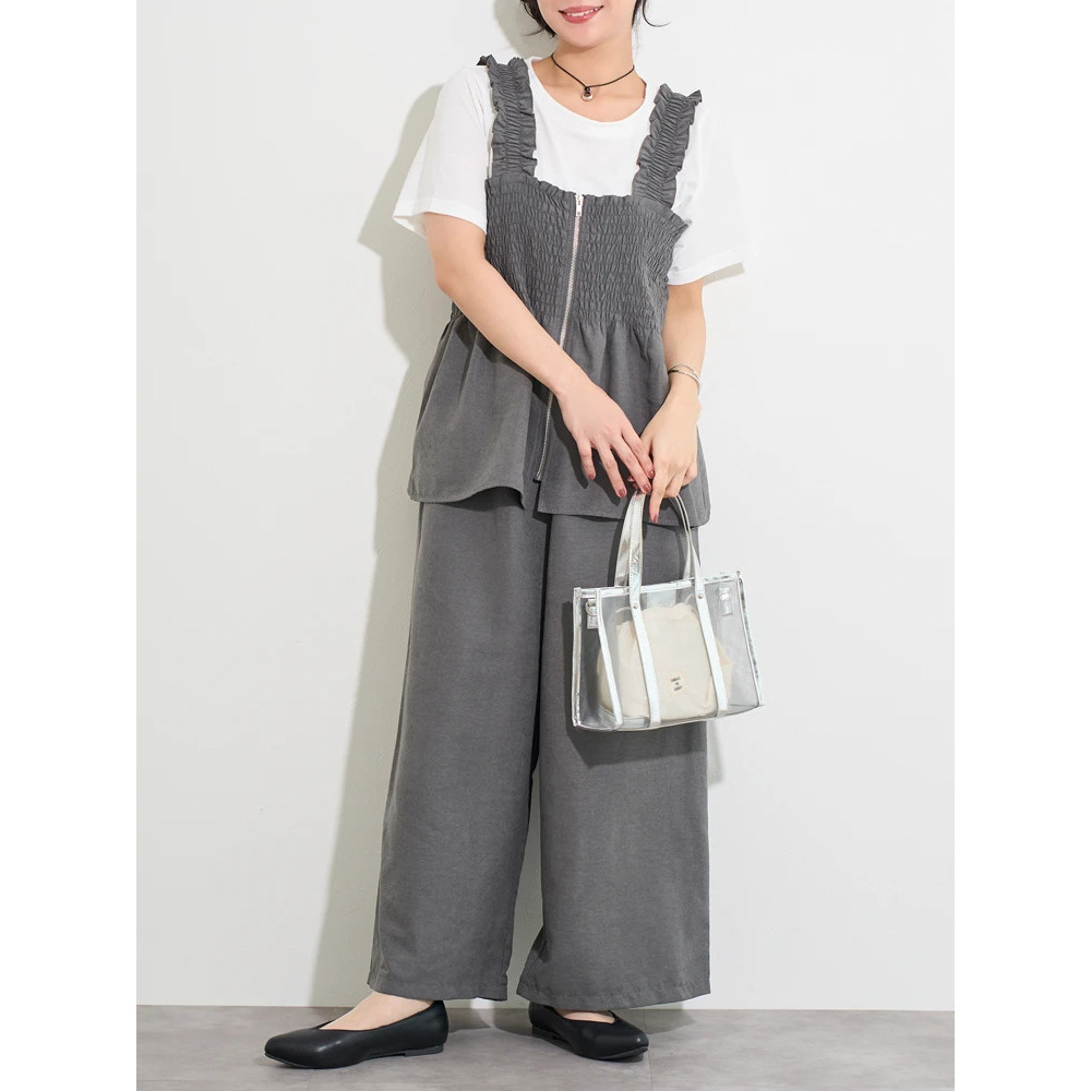 ［SET]フロントZIPシャーリングビスチェ×ワイドパンツ（無地・ドット柄）