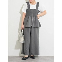 ［SET]フロントZIPシャーリングビスチェ×ワイドパンツ（無地・ドット柄）