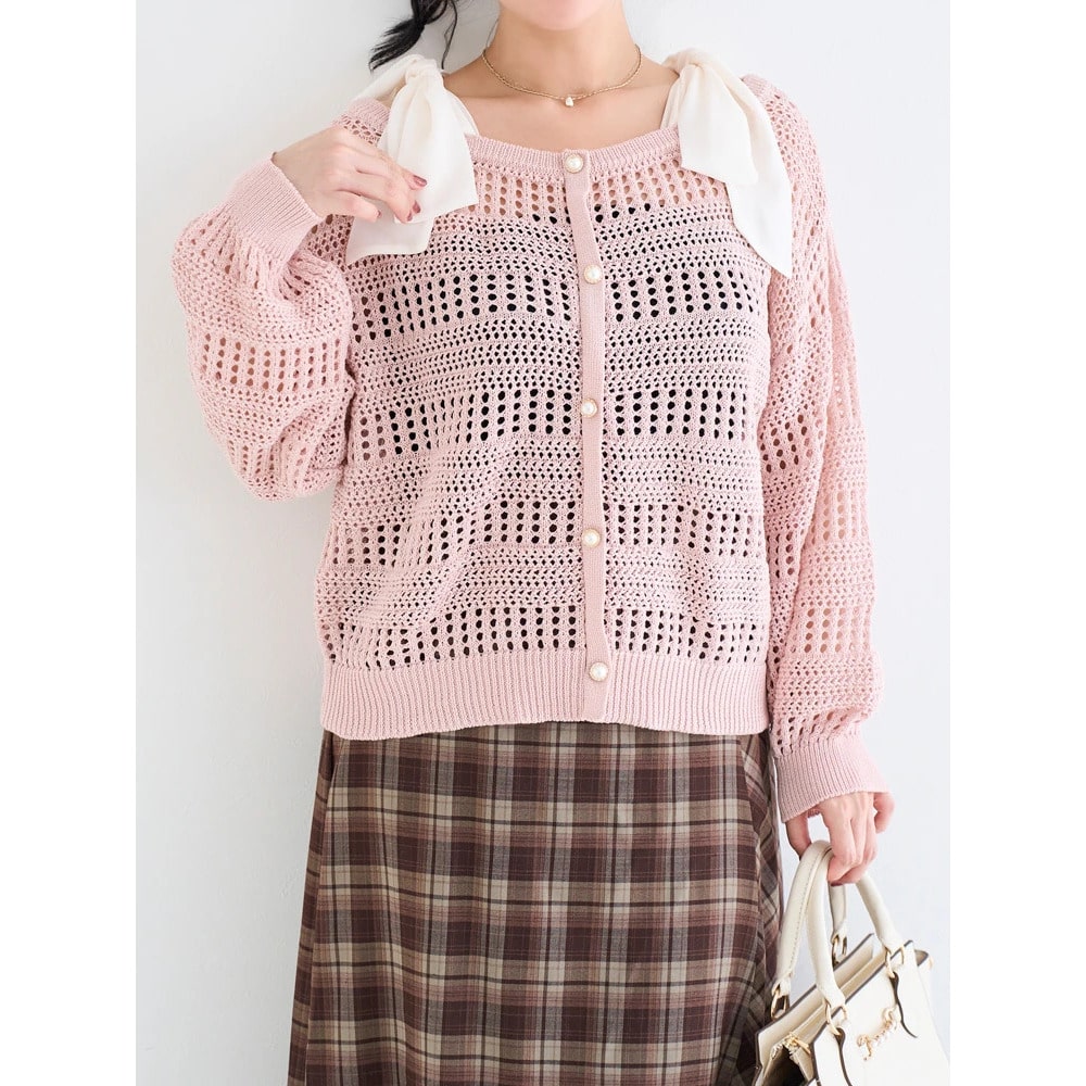 【WEB限定】ショルダーリボンラメ入りオフショルニットトップス