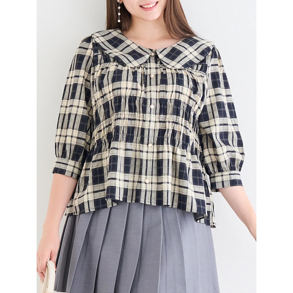 【WEB限定】チェック柄7分袖シャーリングブラウス10