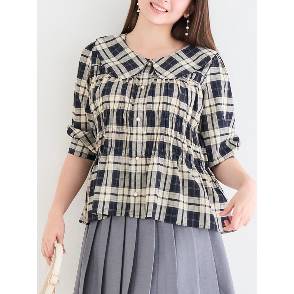 【WEB限定】チェック柄7分袖シャーリングブラウス11