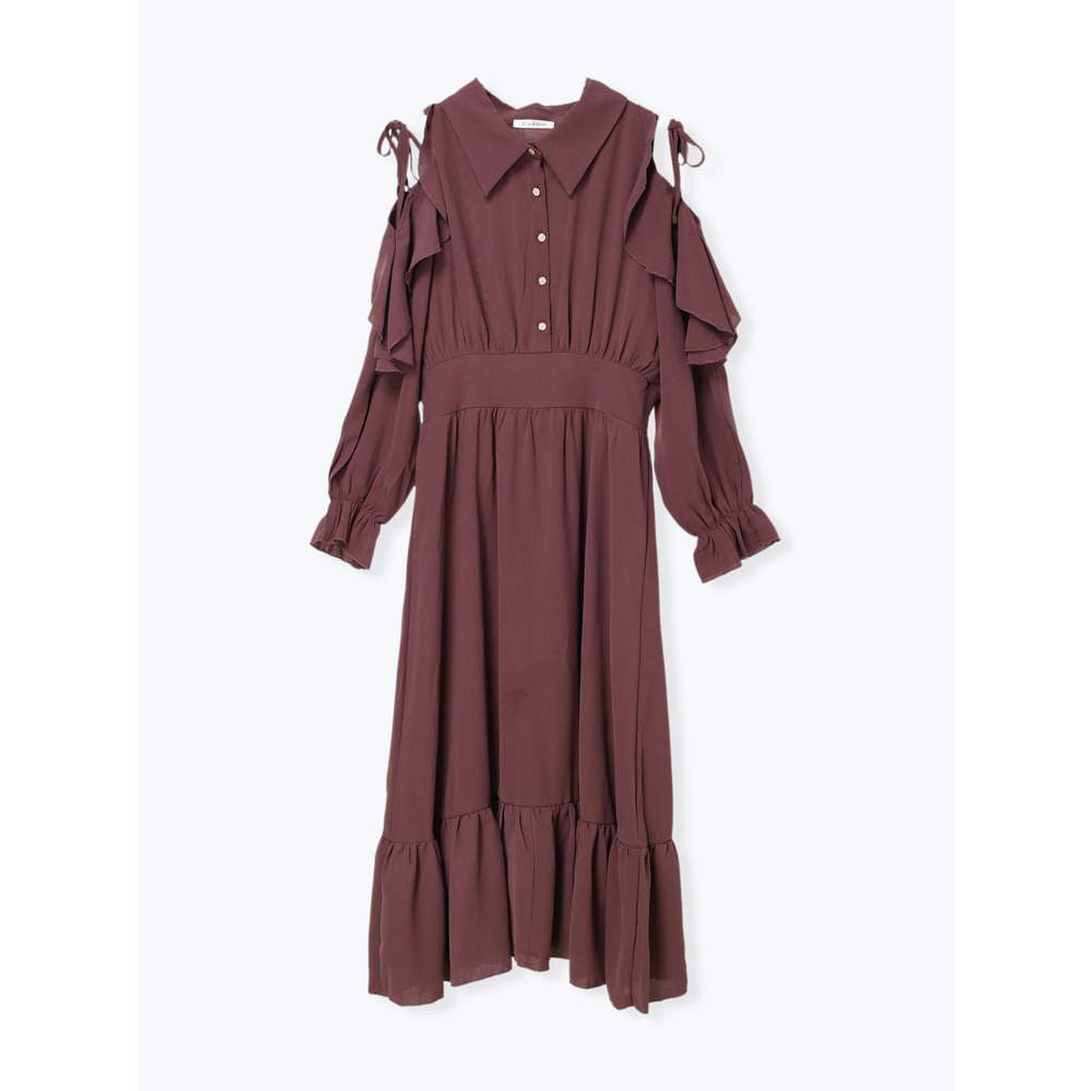 【WEB限定】肩開きフリルリボンティアードワンピース1