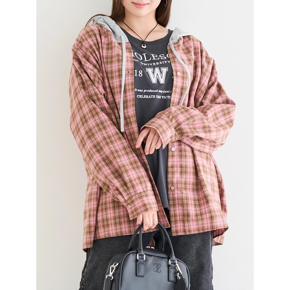 裏毛フード付きチェック柄シャツ