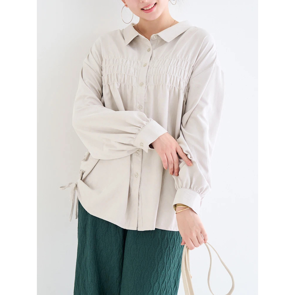 シャーリング裾ドロストシャツ