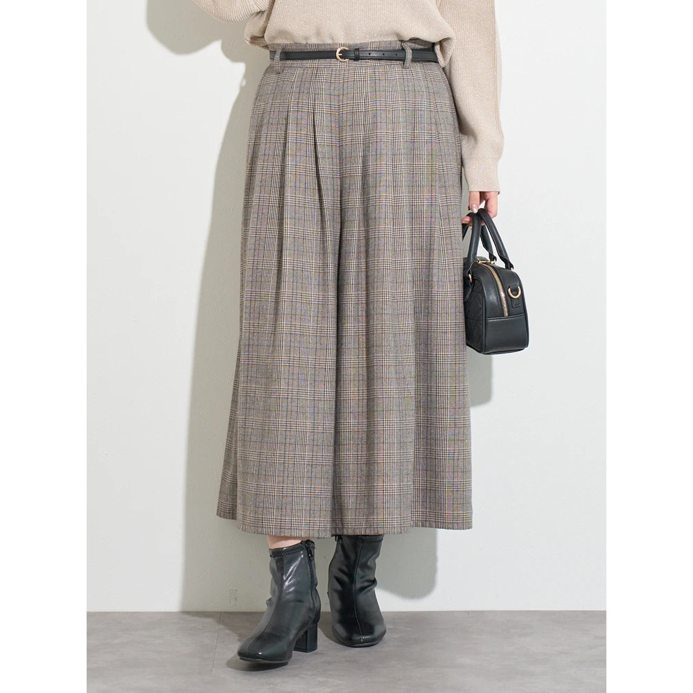 ベルト付きチェック柄タックワイドパンツ