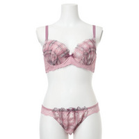 [D85-I95］チェックレースソフトワイヤーブラ＆ショーツ(モールドカップ)