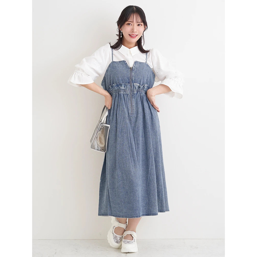 フロントZIPフリルデニムジャンパースカート