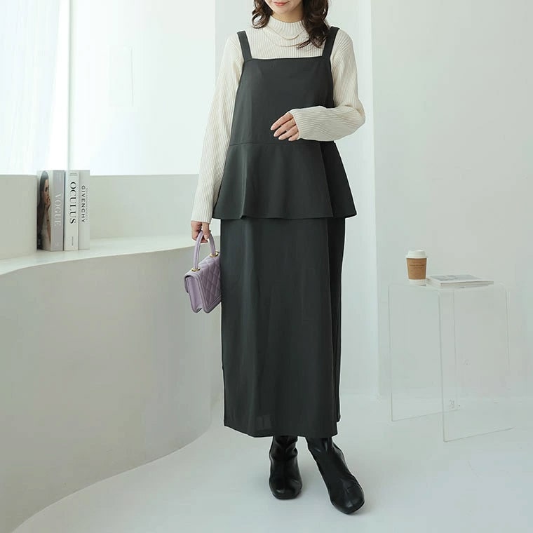 【再入荷】【お腹カバー】スポッと着られる!”楽かわ”シリーズ!お腹とお尻を自然と隠す! セットアップ見え ジャンスカ1