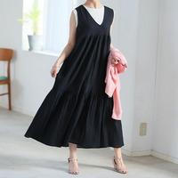 【風通るプレミアム】 ウエストギャザー Vネック ノースリーブ ワンピース