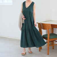 【風通るプレミアム】 ウエストギャザー Vネック ノースリーブ ワンピース