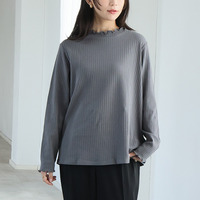 新色追加!! 綿タッチで極上の着心地 五分袖/長袖・クルー/プチハイネックが選べる テレコ リブ トップス