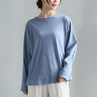 新色追加!! 綿タッチで極上の着心地 五分袖/長袖・クルー/プチハイネックが選べる テレコ リブ トップス