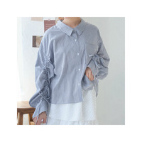 二の腕着痩せ 袖ドロスト ストライプ シャツ