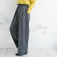 麻調 花刺繍 パンツ