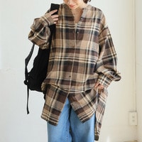 【再入荷】【お尻カバー】フランネル チェック バンドカラー 裾ラウンド チュニック 大きいサイズ