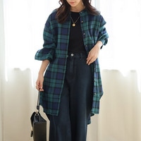 【再入荷】【お尻カバー】フランネル チェック バンドカラー 裾ラウンド チュニック 大きいサイズ