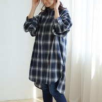 【再入荷】【お尻カバー】フランネル チェック バンドカラー 裾ラウンド チュニック 大きいサイズ
