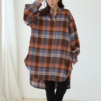 【再入荷】【お尻カバー】フランネル チェック バンドカラー 裾ラウンド チュニック