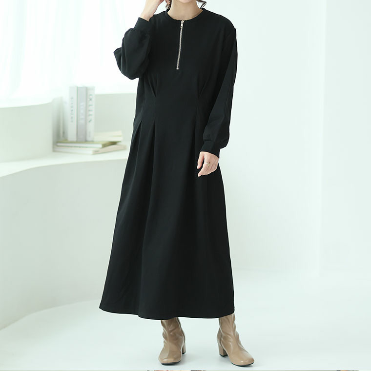 ウエストタックでペタンコお腹 ワンピース 裏毛1