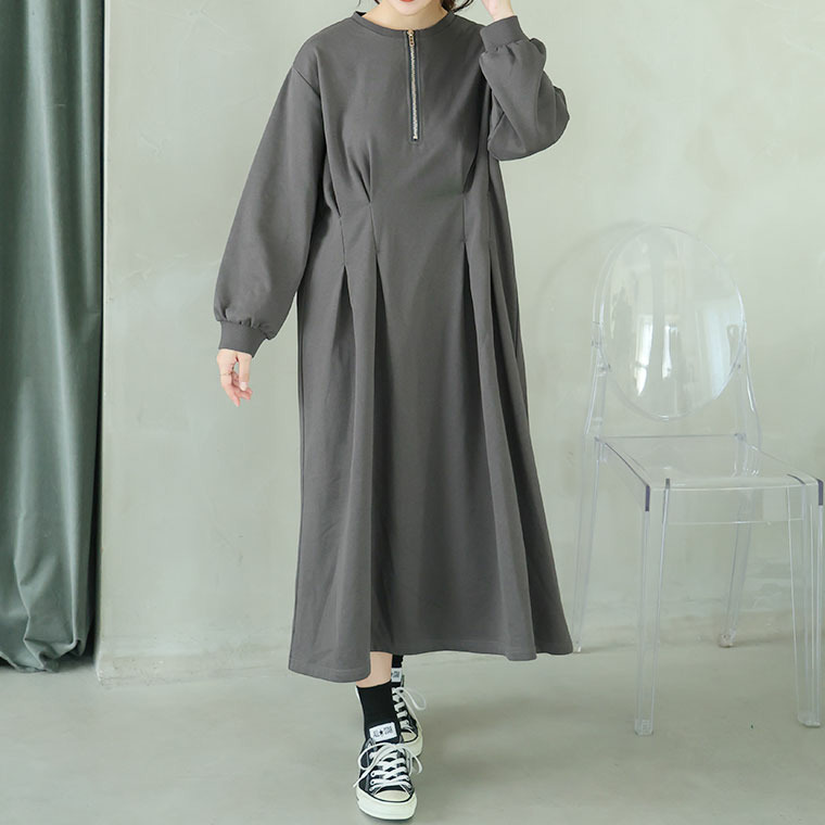 ウエストタックでペタンコお腹 ワンピース 裏毛1