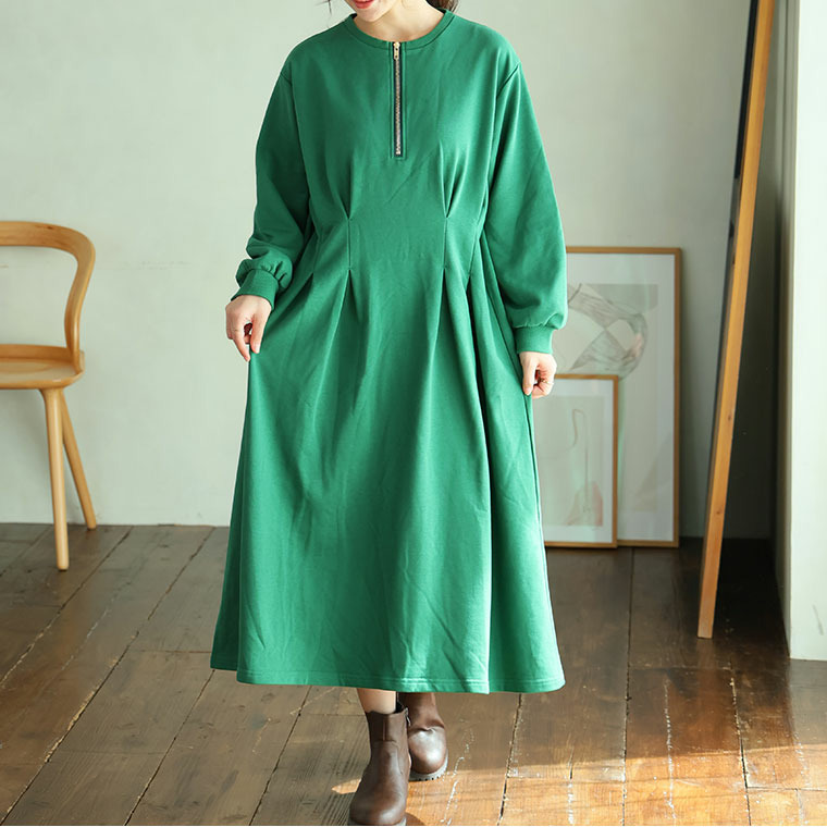 ウエストタックでペタンコお腹 ワンピース 裏毛1