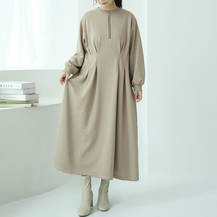 ウエストタックでペタンコお腹 ワンピース 裏毛1