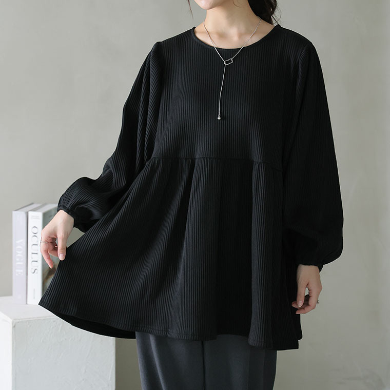 【ちょい温シリーズ】 美人に体型カバー ラウンドネック リブ チュニック1