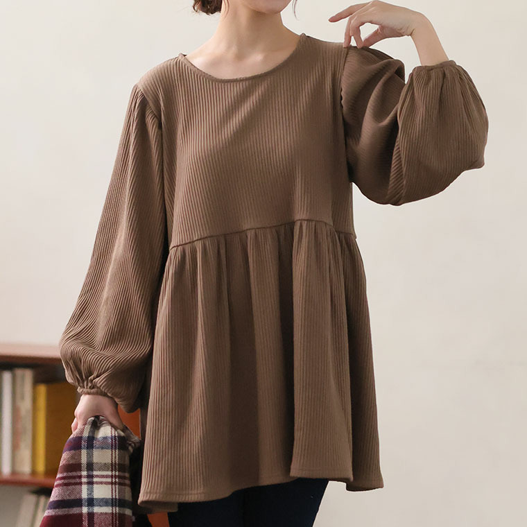 【ちょい温シリーズ】 美人に体型カバー ラウンドネック リブ チュニック1