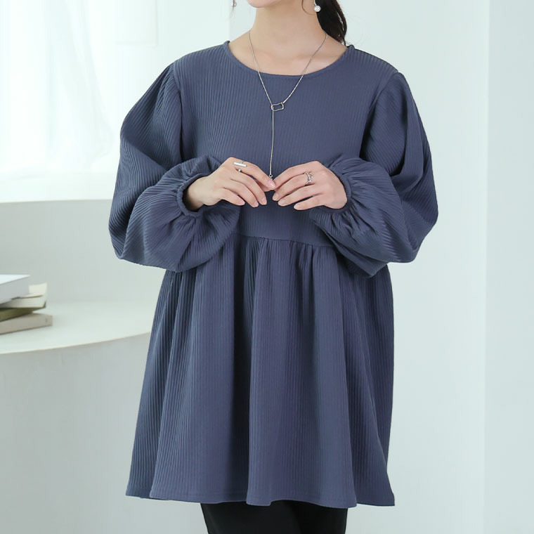 【ちょい温シリーズ】 美人に体型カバー ラウンドネック リブ チュニック1