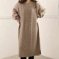 Iライン でスッキリ着痩せ 丈が選べる ケーブル編み ニットワンピ
