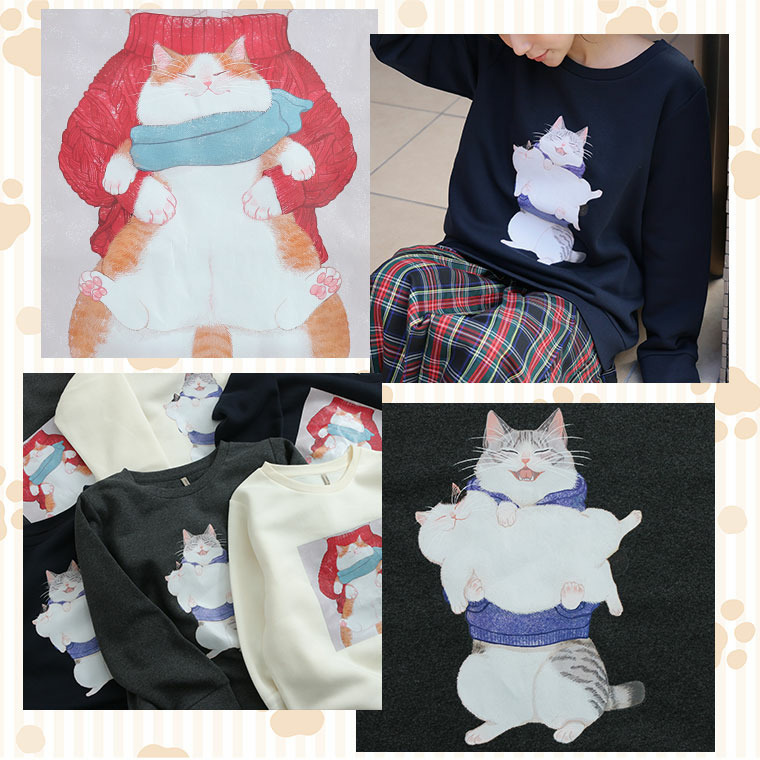 ネコ 裏起毛 プルオーバー オノマイ Ono Mai トレーナー プルオーバー スウェット ネコ2体 抱っこネコ6