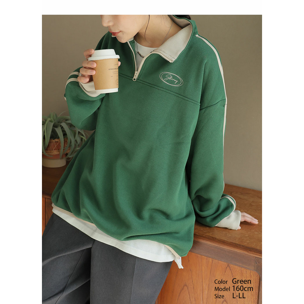 ハピぽか 裏起毛 ライン使い ハーフZIPスウェット・毛玉になりにくい12