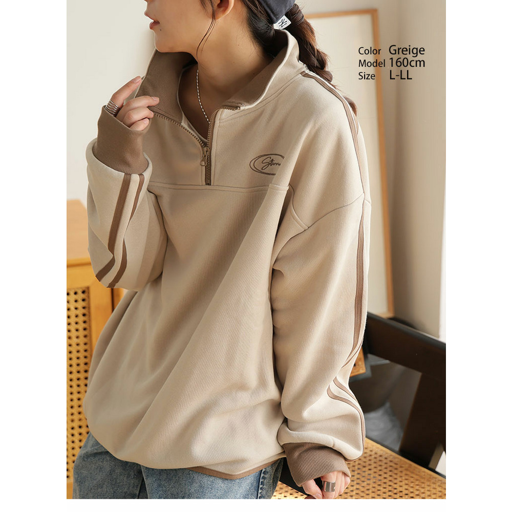 ハピぽか 裏起毛 ライン使い ハーフZIPスウェット・毛玉になりにくい15