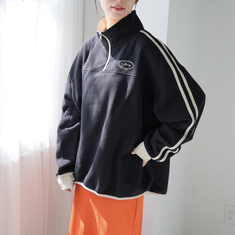 ハピぽか 裏起毛 ライン使い ハーフZIPスウェット・毛玉になりにくい1