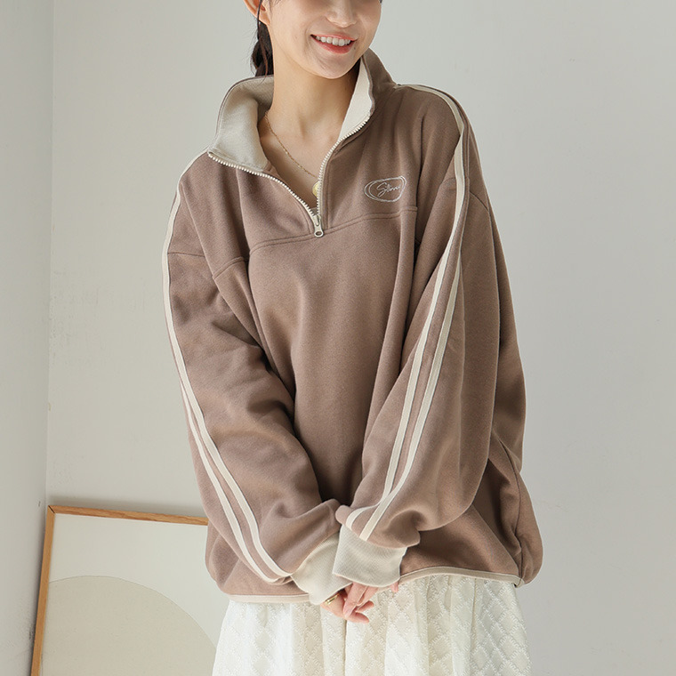 ハピぽか 裏起毛 ライン使い ハーフZIPスウェット・毛玉になりにくい1