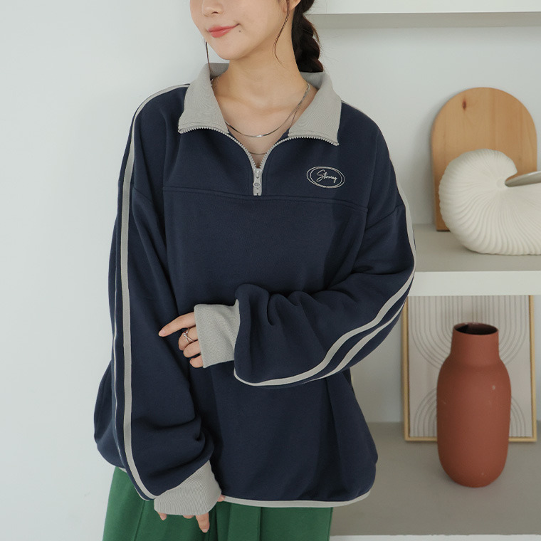 ハピぽか 裏起毛 ライン使い ハーフZIPスウェット・毛玉になりにくい1