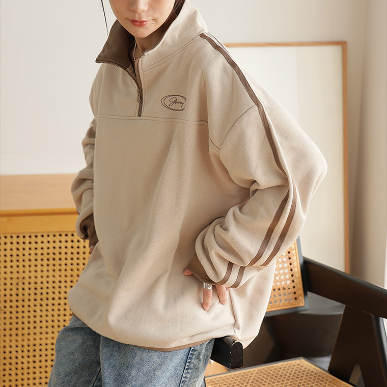 ハピぽか 裏起毛 ライン使い ハーフZIPスウェット・毛玉になりにくい1