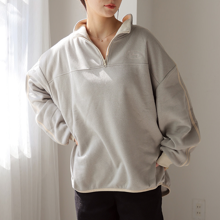 ハピぽか 裏起毛 ライン使い ハーフZIPスウェット・毛玉になりにくい1