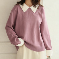 フィット感軽減！ 小顔が得意な フェザー 配色 襟付 もっちり ニット トップス