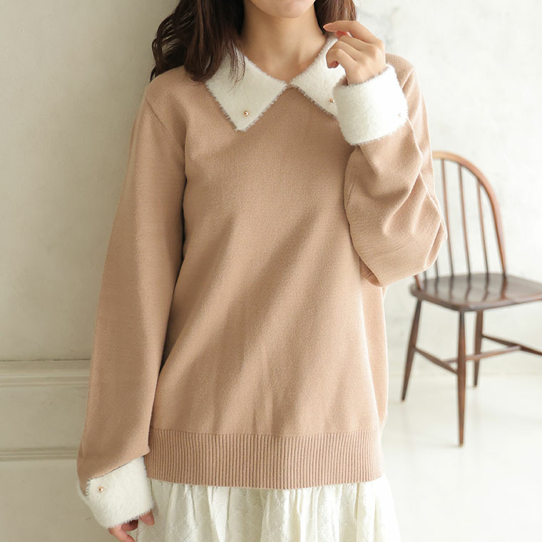 フィット感軽減! 小顔が得意な フェザー 配色 襟付 もっちり ニット トップス1