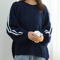 ネックが選べる！ 厚すぎないのが嬉しい ニットの我慢を解消！！袖ライン入り ケーブルニット